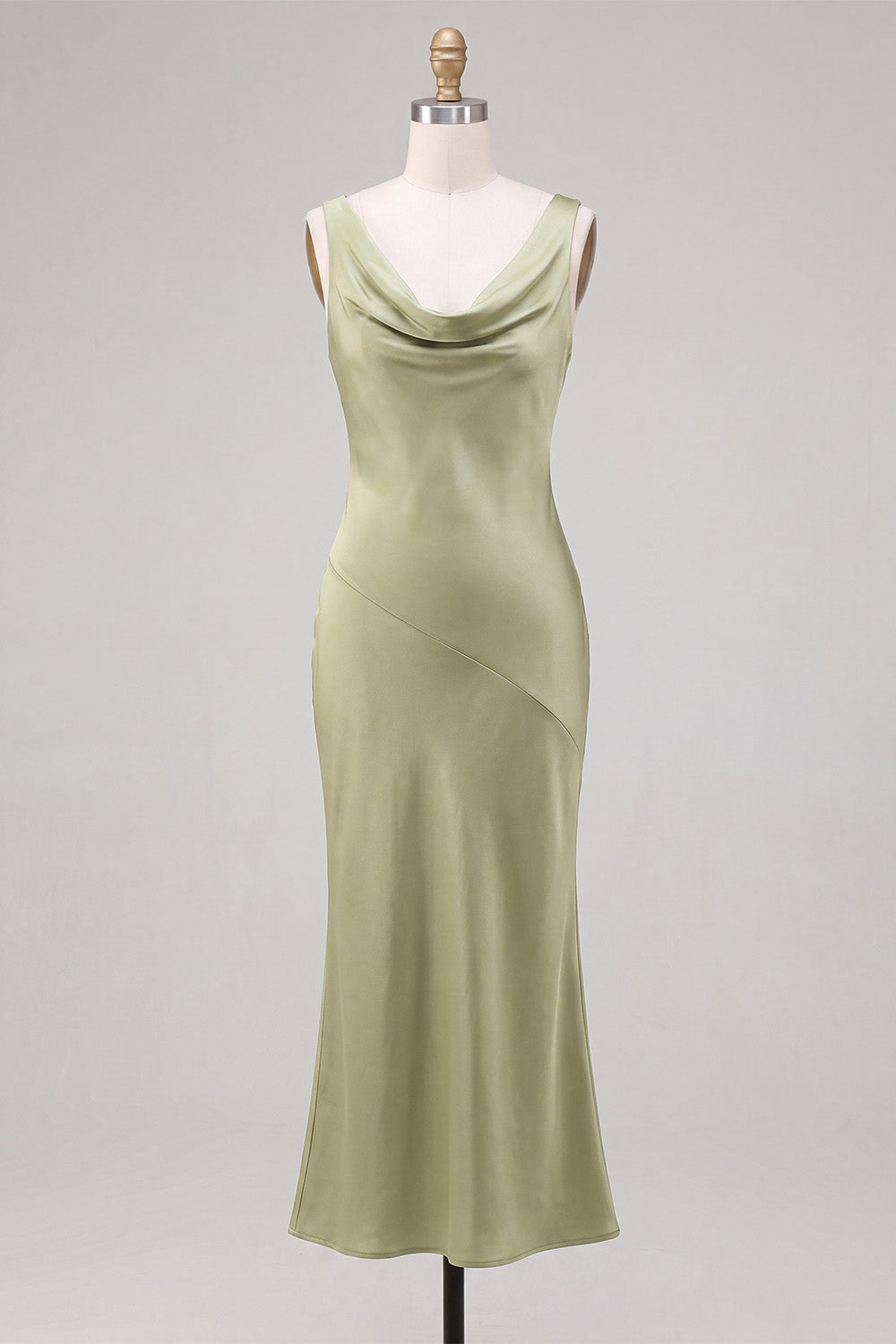 Light Green Cowl Neck Mermaid Satin Maxi Wedding Guest Dress