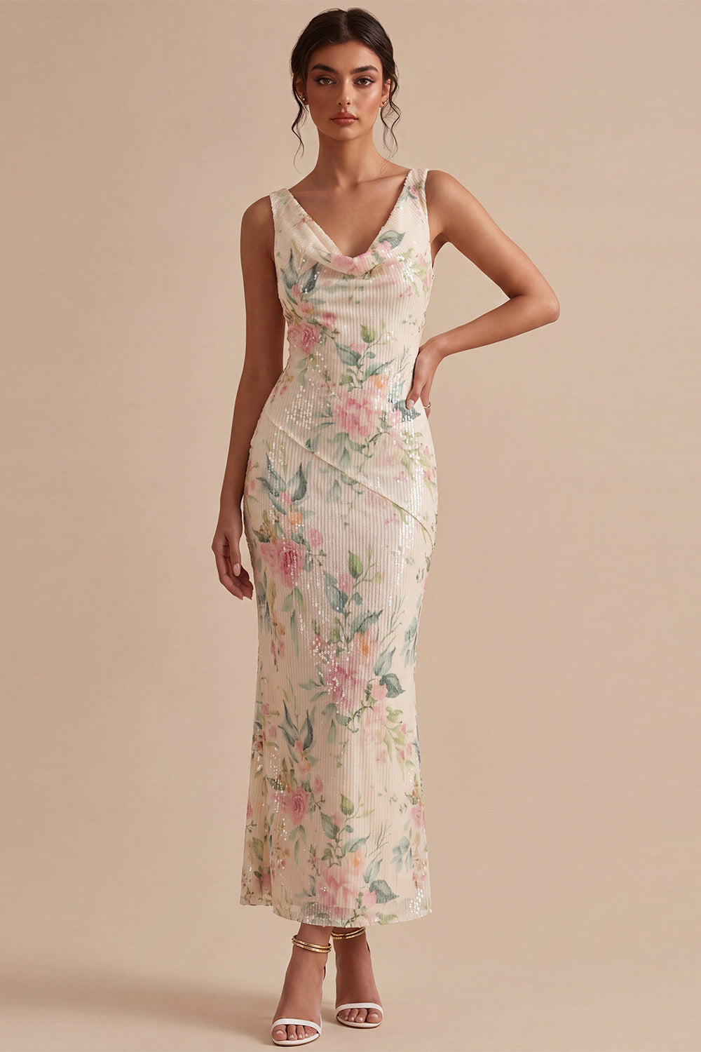 White Pink Flower Mermaid Sequin Long Wedding Guest Dress