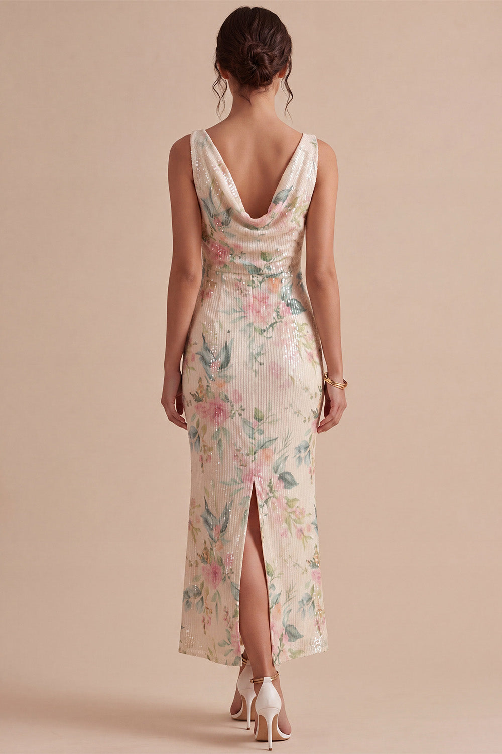 White Pink Flower Mermaid Sequin Long Wedding Guest Dress