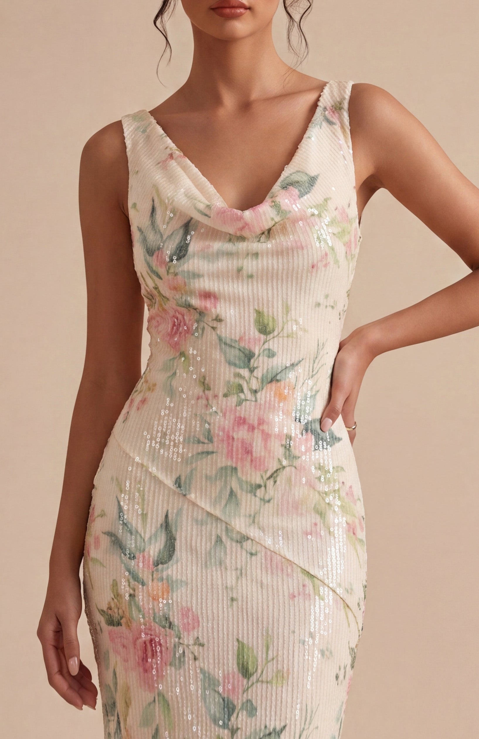 White Pink Flower Mermaid Sequin Long Wedding Guest Dress