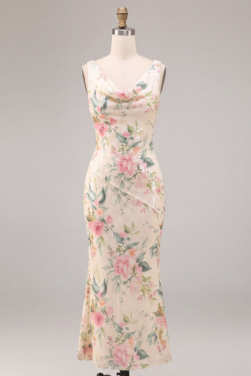 White Pink Flower Mermaid Sequin Long Wedding Guest Dress
