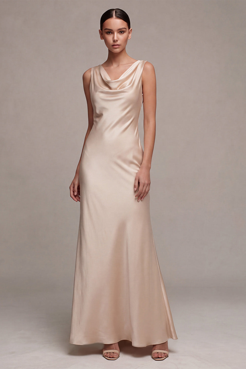 Simple Champagne Cowl Neck Mermaid Long Satin Wedding Guest Dress