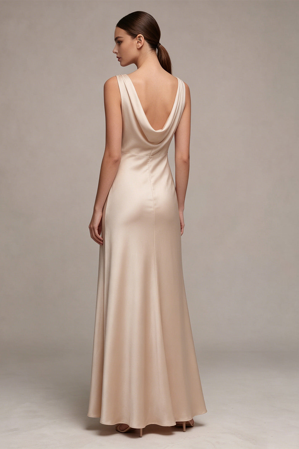 Simple Champagne Cowl Neck Mermaid Long Satin Wedding Guest Dress