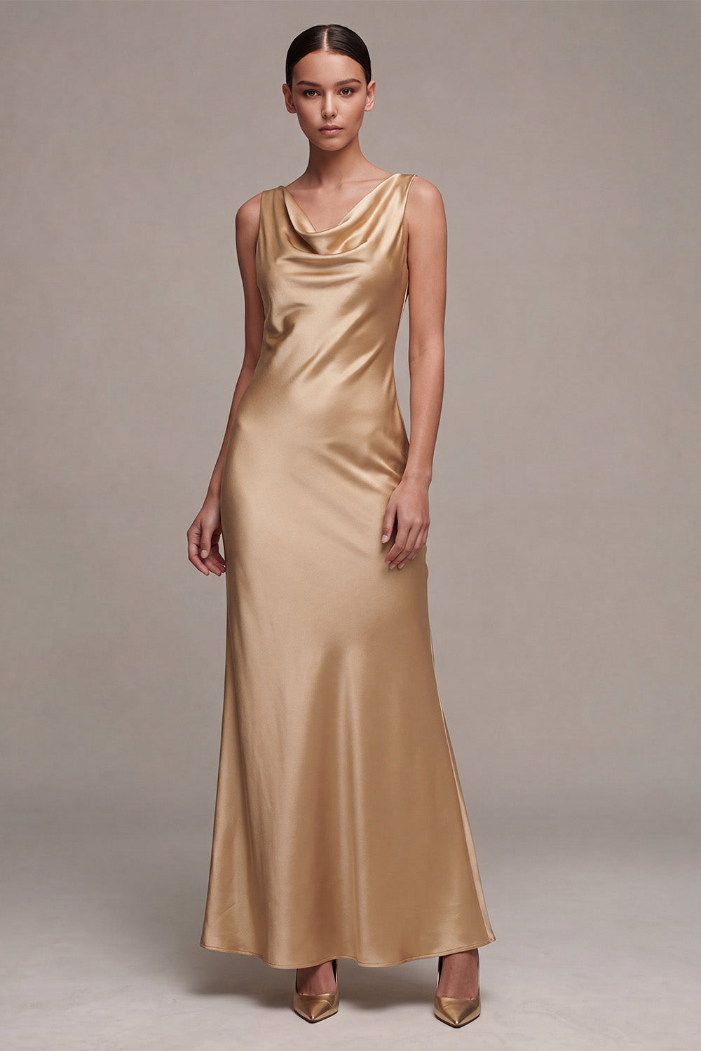 Simple Champagne Cowl Neck Mermaid Long Satin Wedding Guest Dress