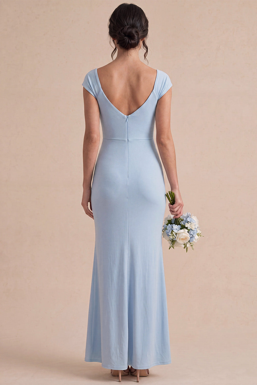 Sky Blue Mermaid Ruched Long Wedding Guest Dress with Sleeves