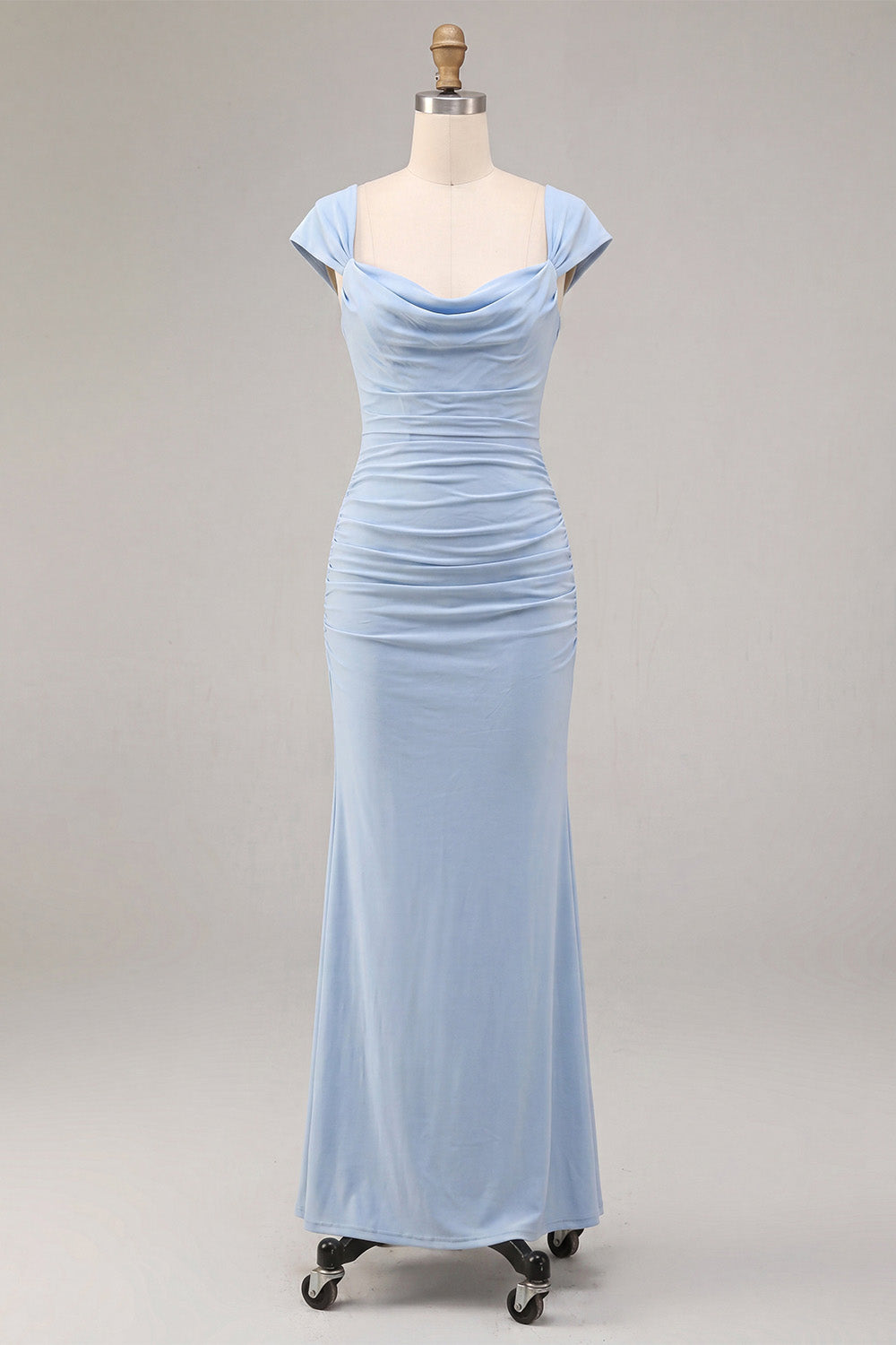 Sky Blue Mermaid Ruched Long Wedding Guest Dress with Sleeves