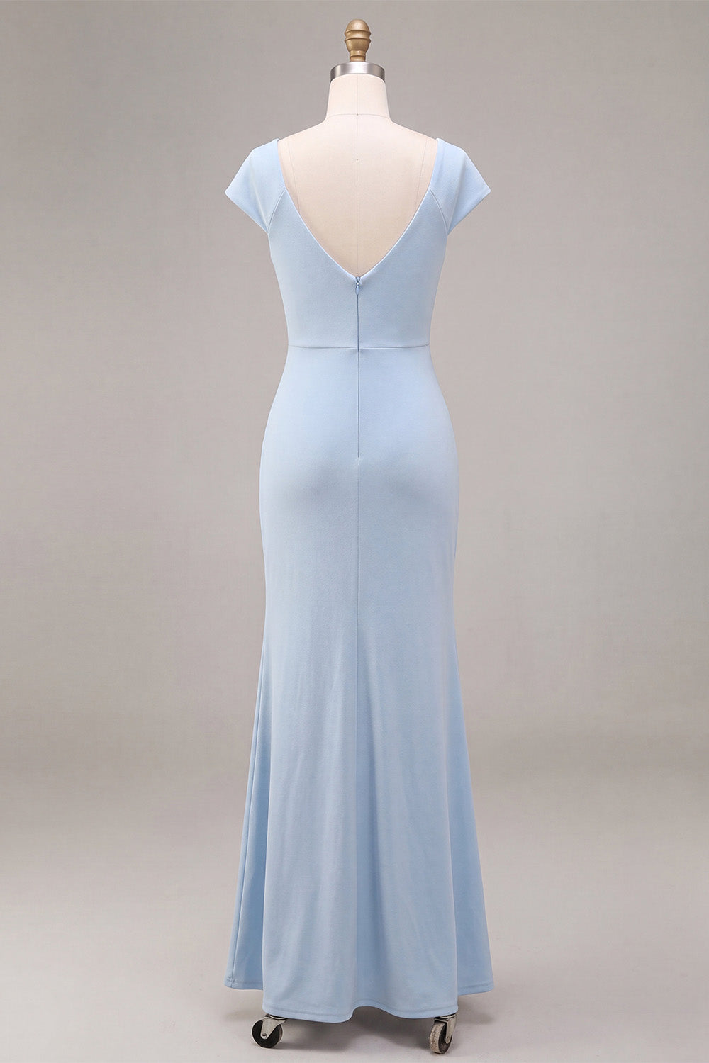 Sky Blue Mermaid Ruched Long Wedding Guest Dress with Sleeves