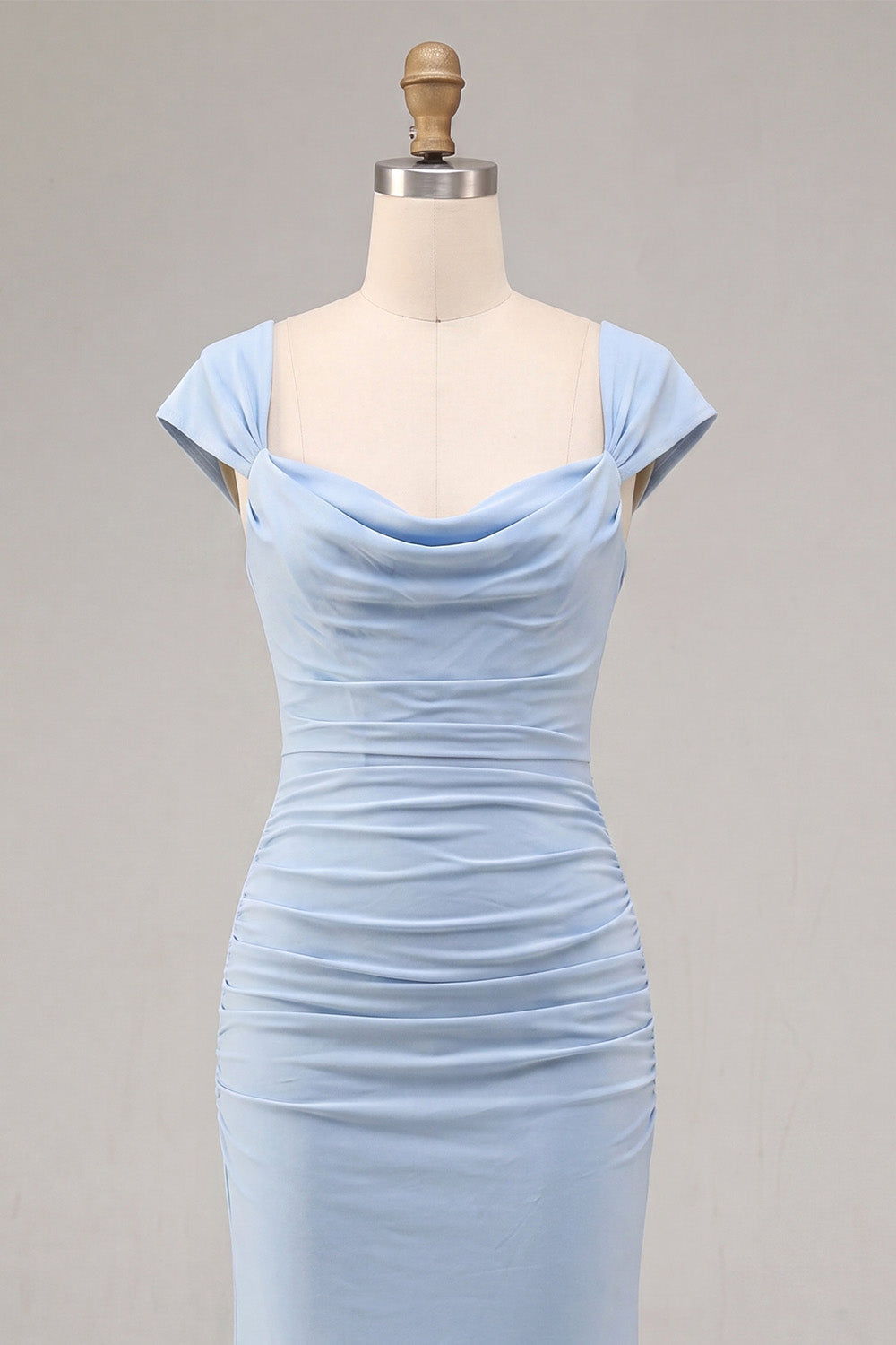 Sky Blue Mermaid Ruched Long Wedding Guest Dress with Sleeves