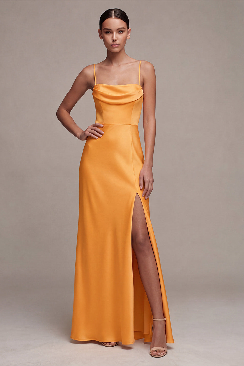 Light Yellow Satin Long Sheath Wedding Guest Dress with Slit