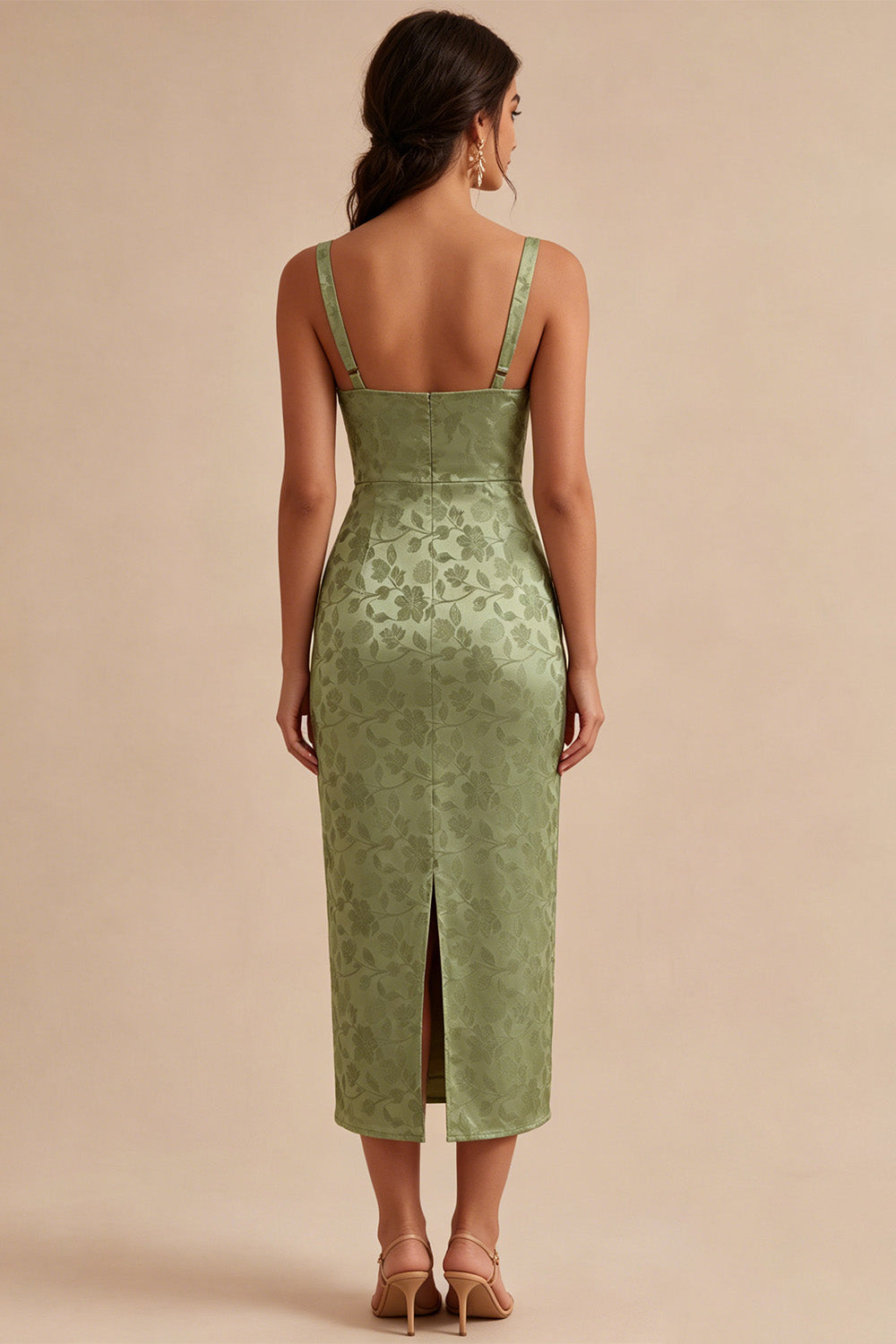 Light Green Floral Maxi Sheath Wedding Guest Dress with Back Slit