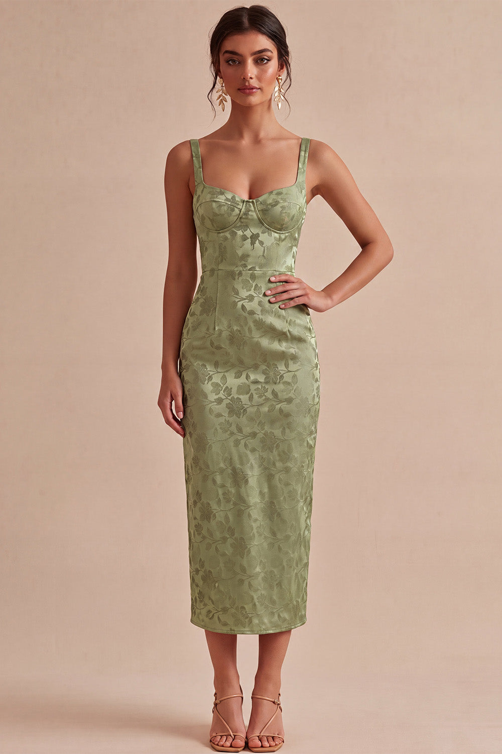 Light Green Floral Maxi Sheath Wedding Guest Dress with Back Slit