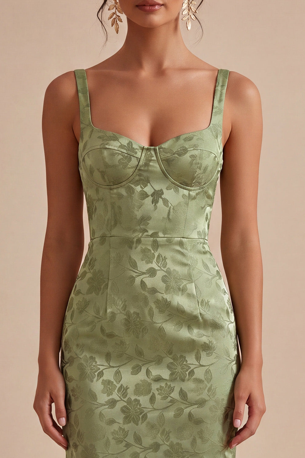 Light Green Floral Maxi Sheath Wedding Guest Dress with Back Slit