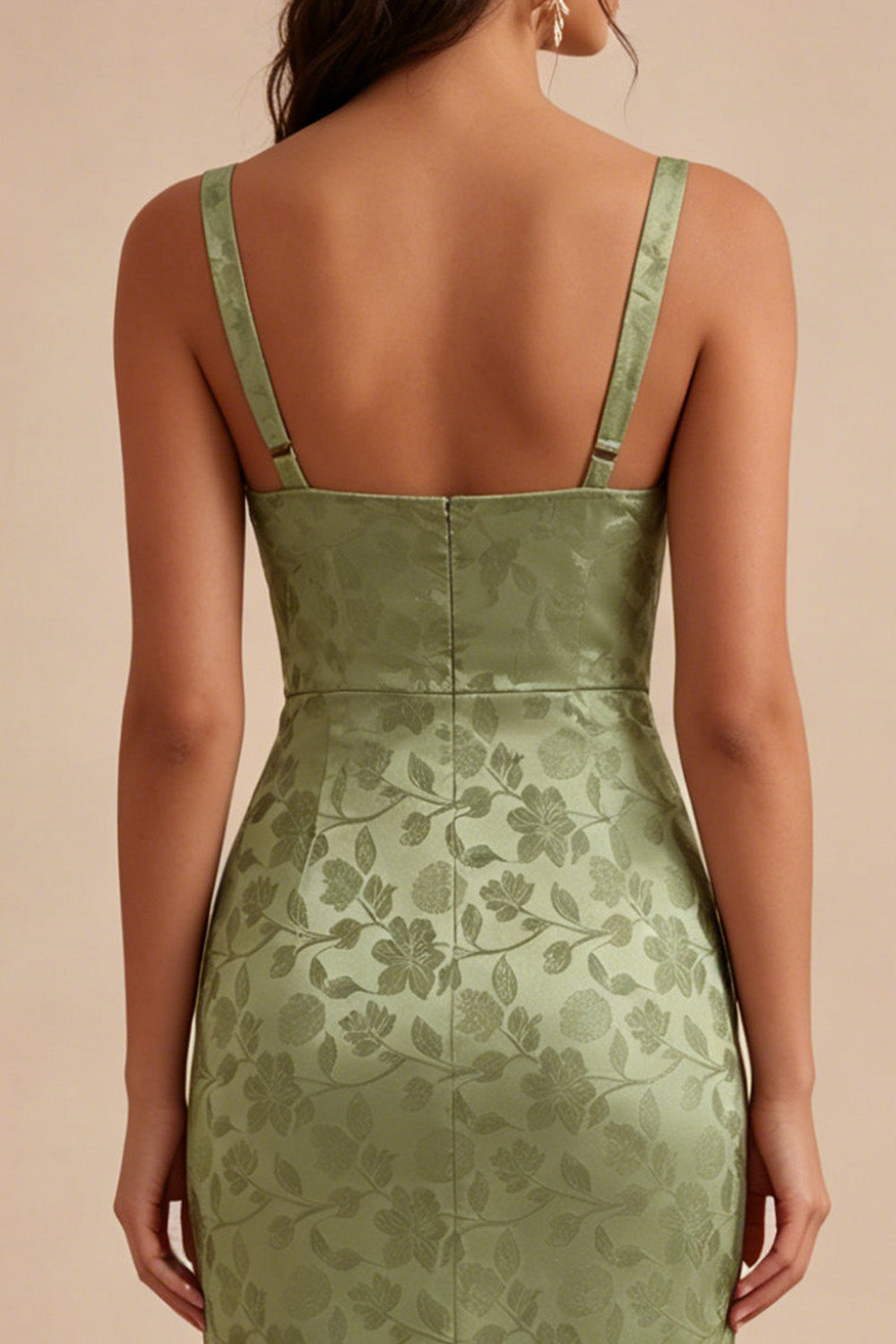 Light Green Floral Maxi Sheath Wedding Guest Dress with Back Slit
