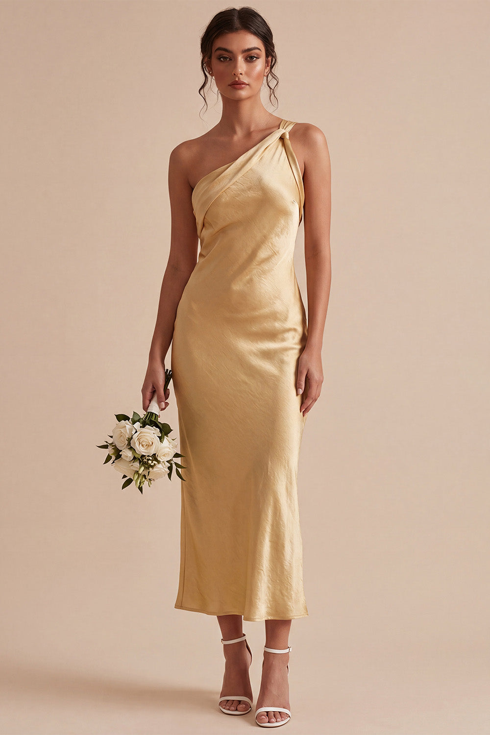 Gold Satin Mermaid One Shoulder Maxi Wedding Guest Dress