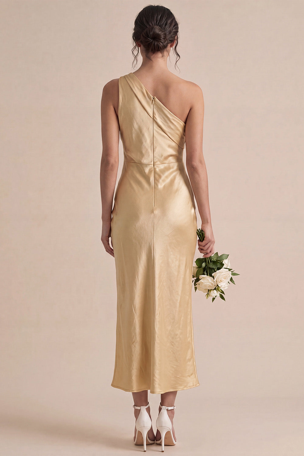 Gold Satin Mermaid One Shoulder Maxi Wedding Guest Dress