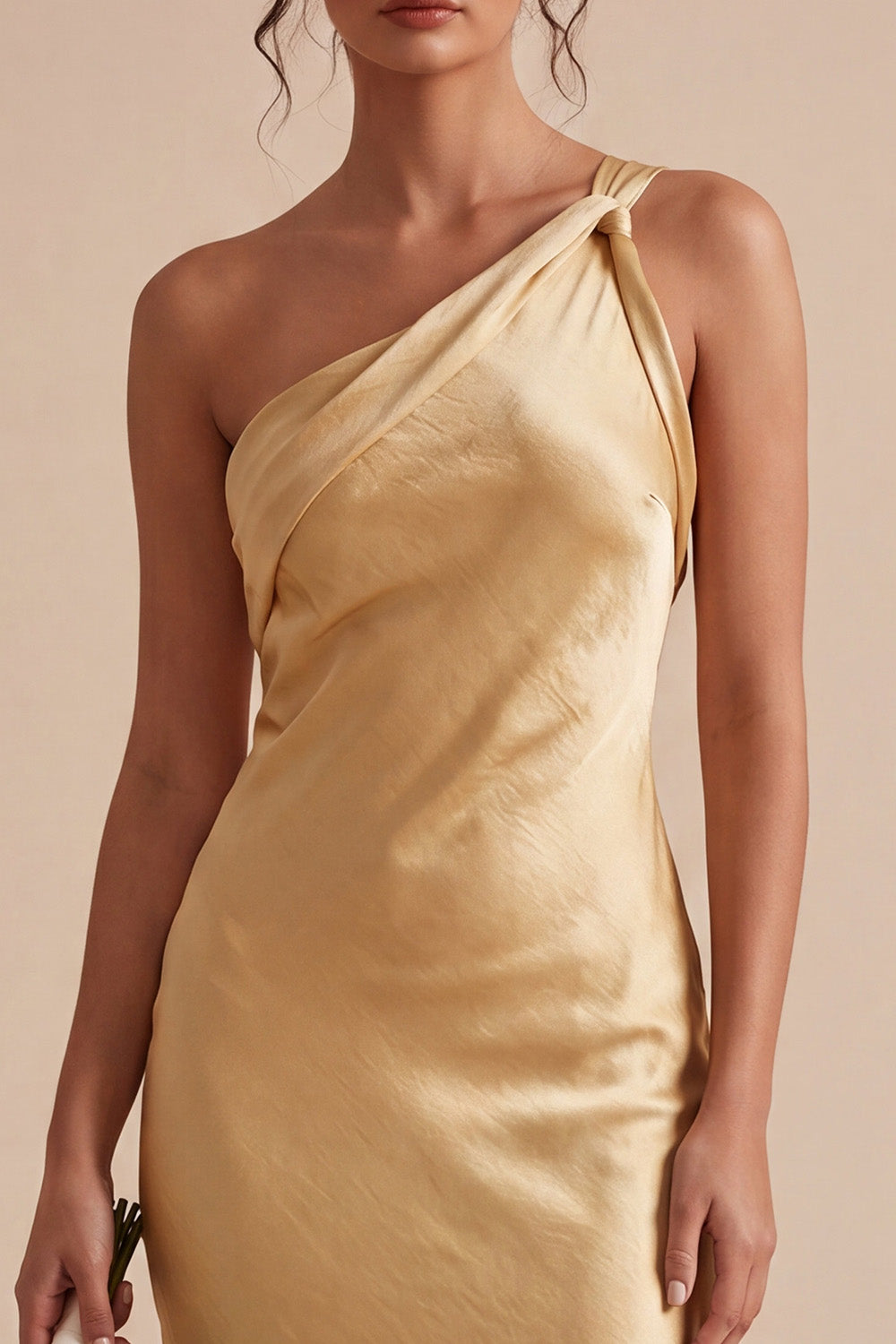 Gold Satin Mermaid One Shoulder Maxi Wedding Guest Dress