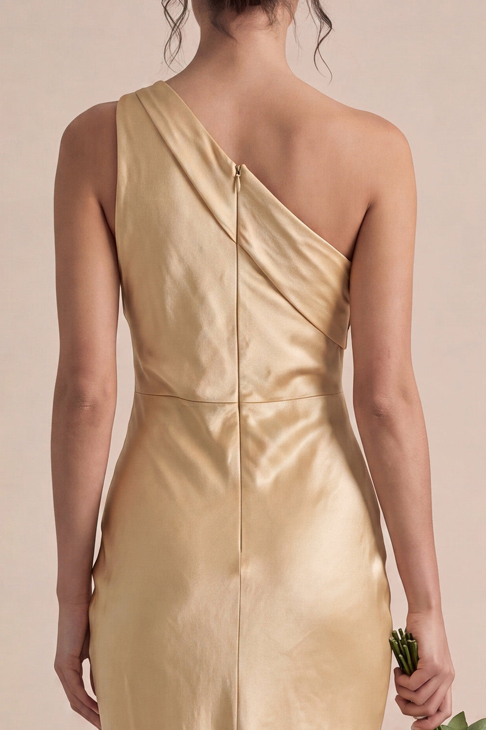Gold Satin Mermaid One Shoulder Maxi Wedding Guest Dress