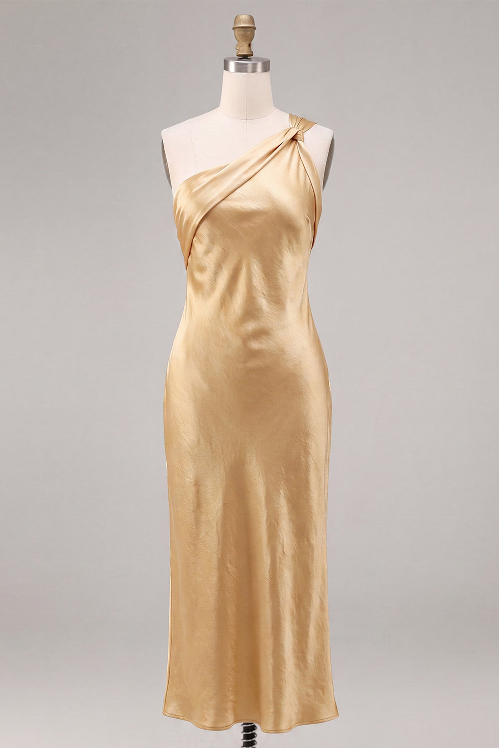 Gold Satin Mermaid One Shoulder Maxi Wedding Guest Dress