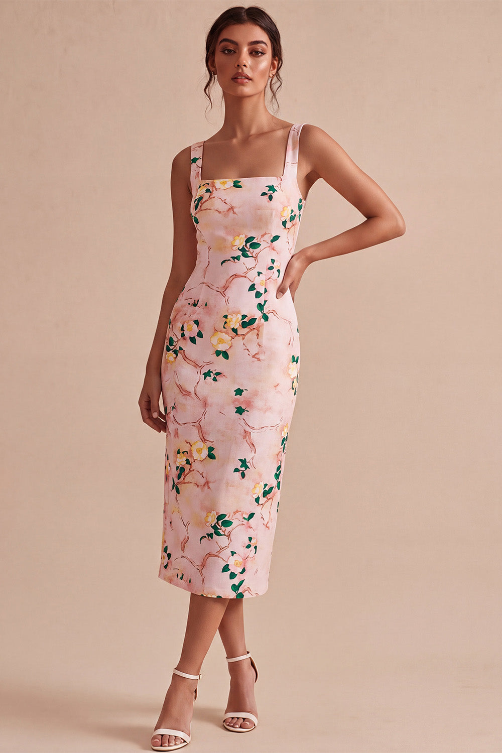 Pink Square Neck Floral Pencil Midi Wedding Guest Dress