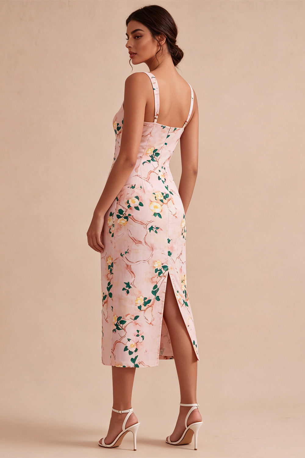 Pink Square Neck Floral Pencil Midi Wedding Guest Dress