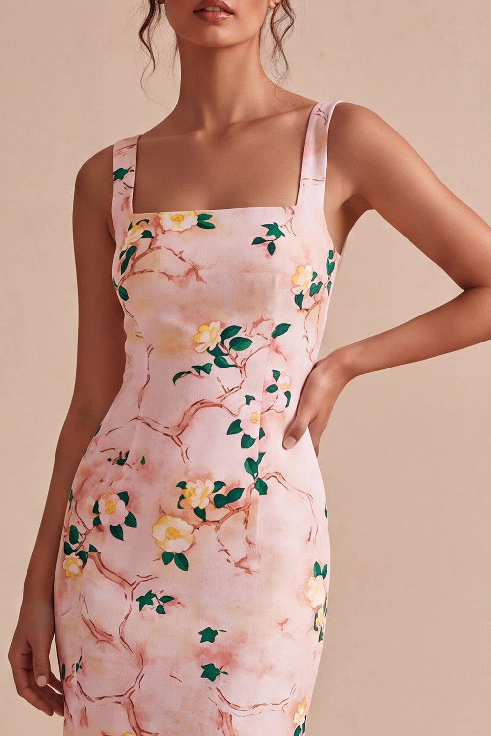 Pink Square Neck Floral Pencil Midi Wedding Guest Dress