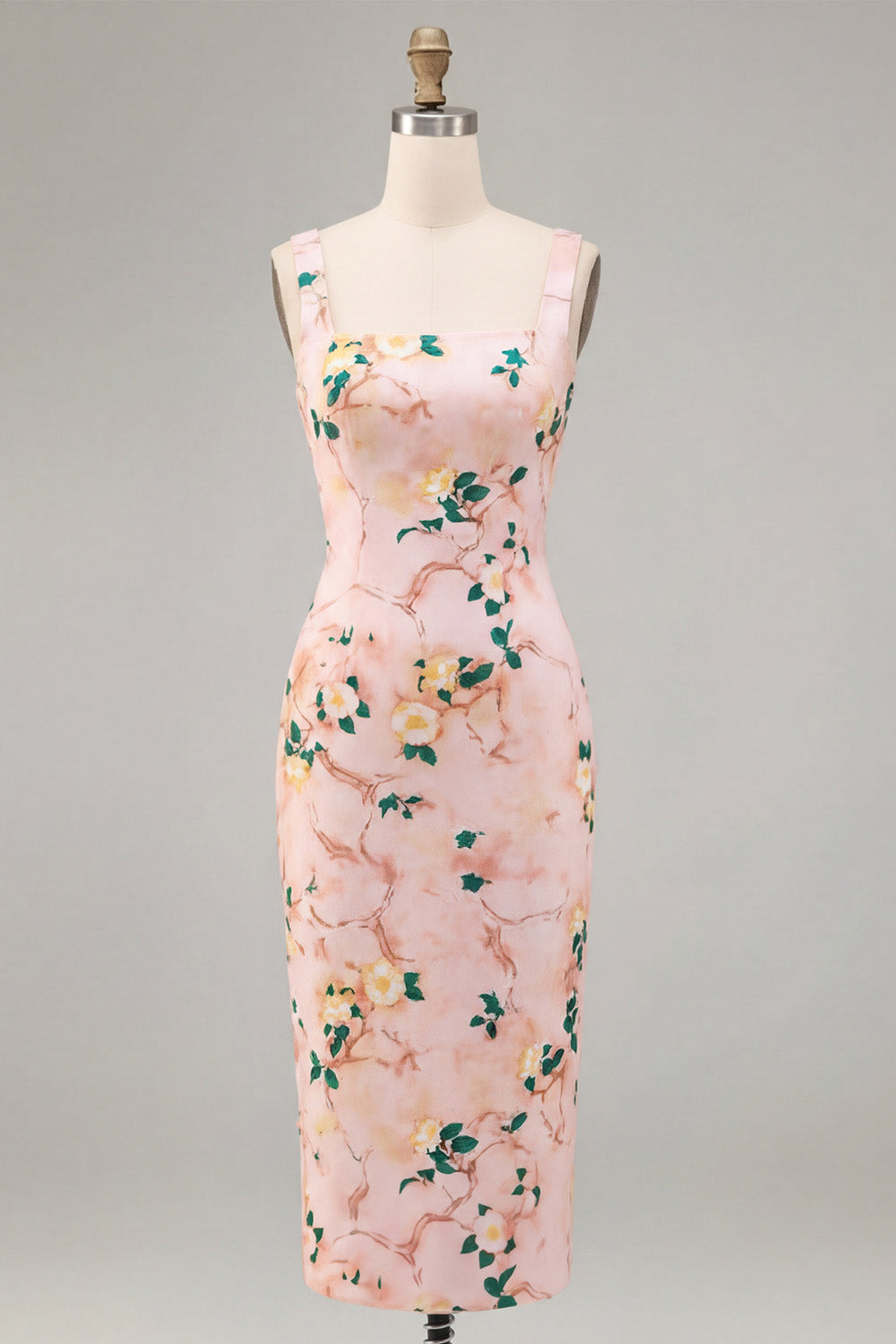 Pink Square Neck Floral Pencil Midi Wedding Guest Dress