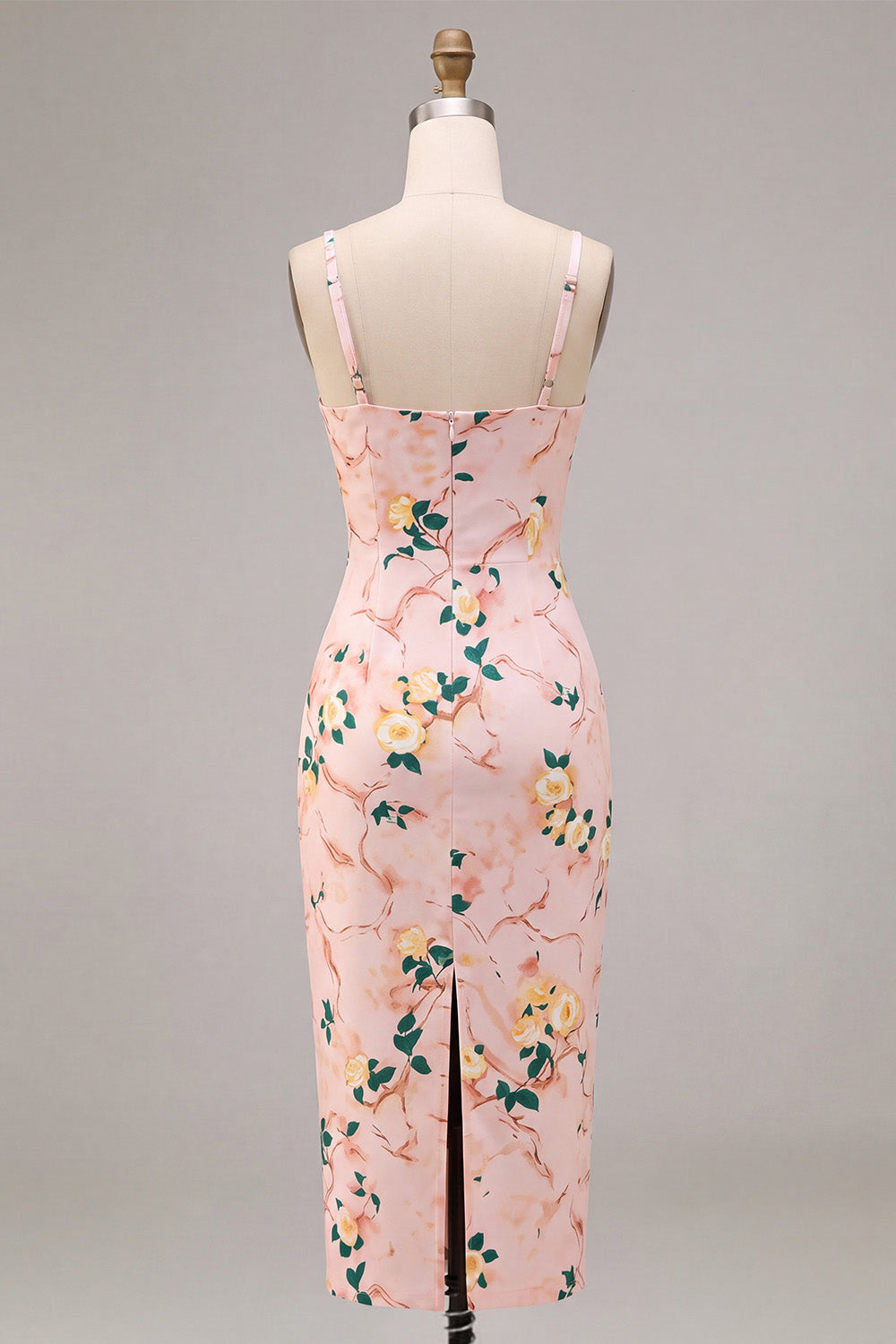 Pink Square Neck Floral Pencil Midi Wedding Guest Dress