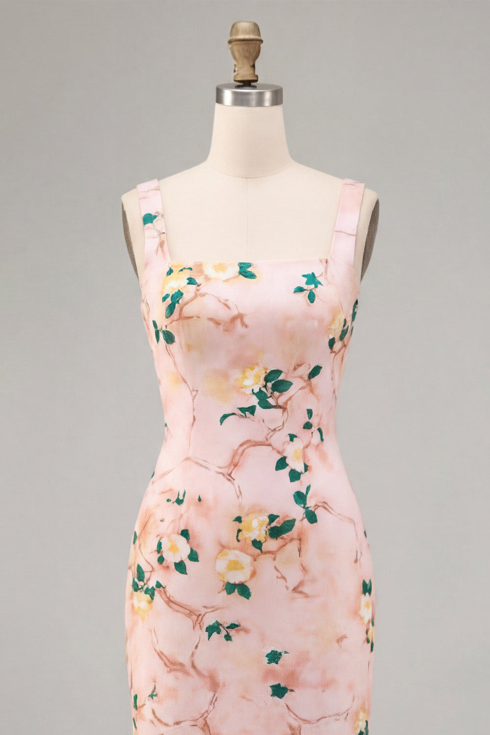 Pink Square Neck Floral Pencil Midi Wedding Guest Dress