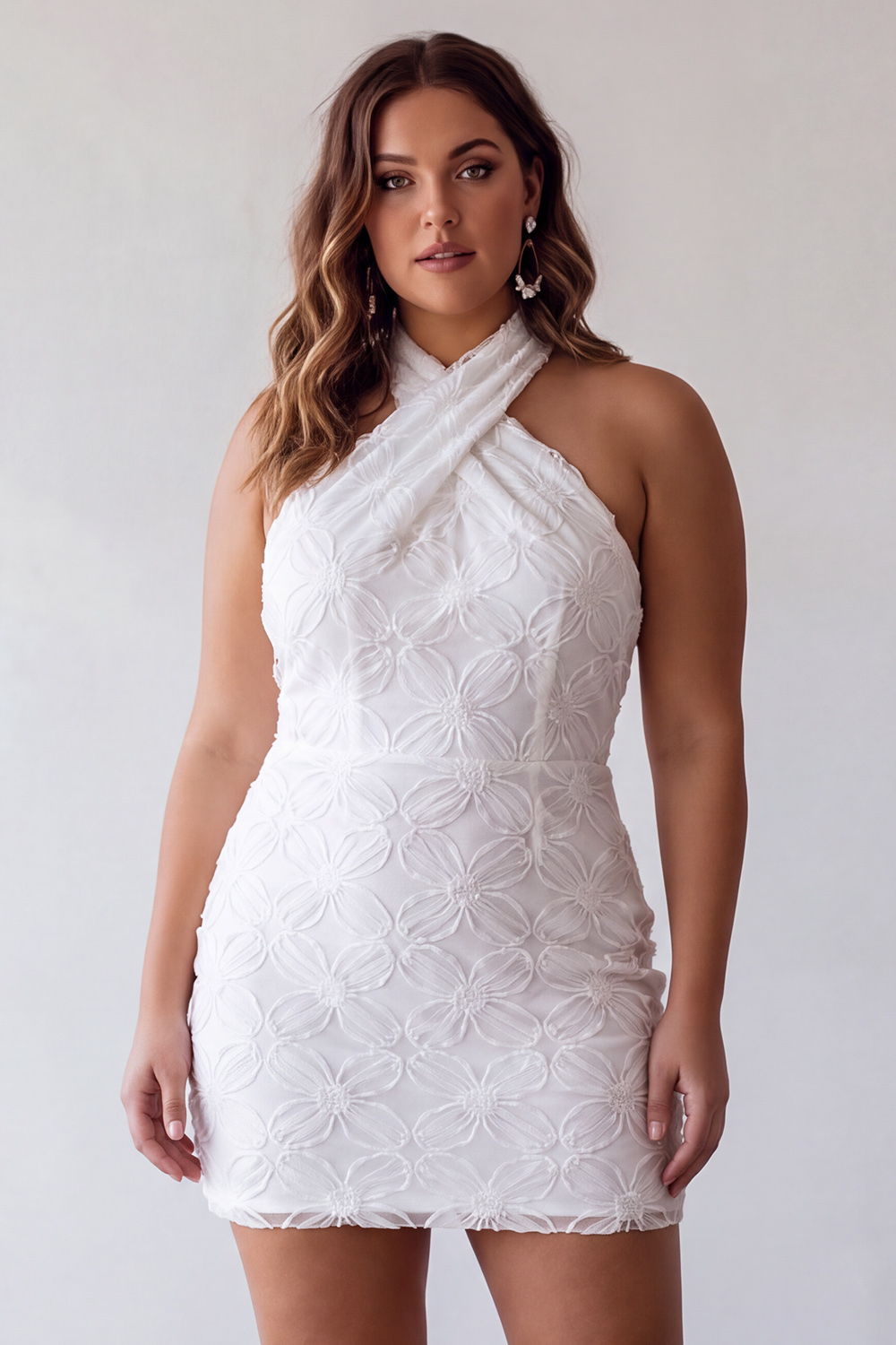 Floral White Halter Tight Short Graduation Dress
