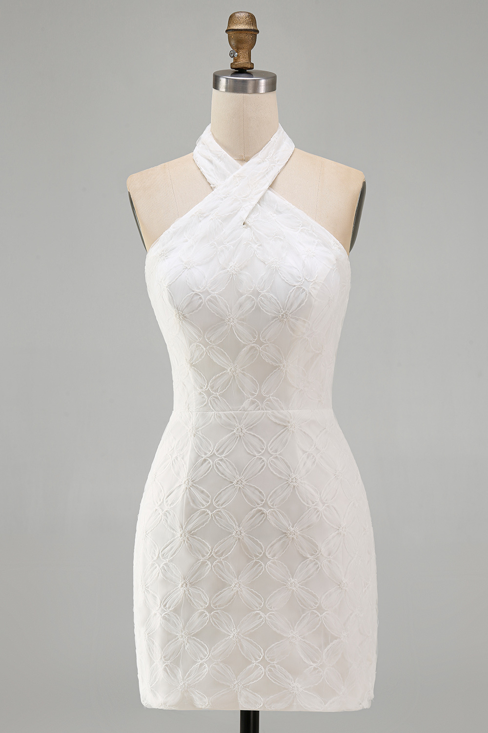 Floral White Halter Tight Short Graduation Dress