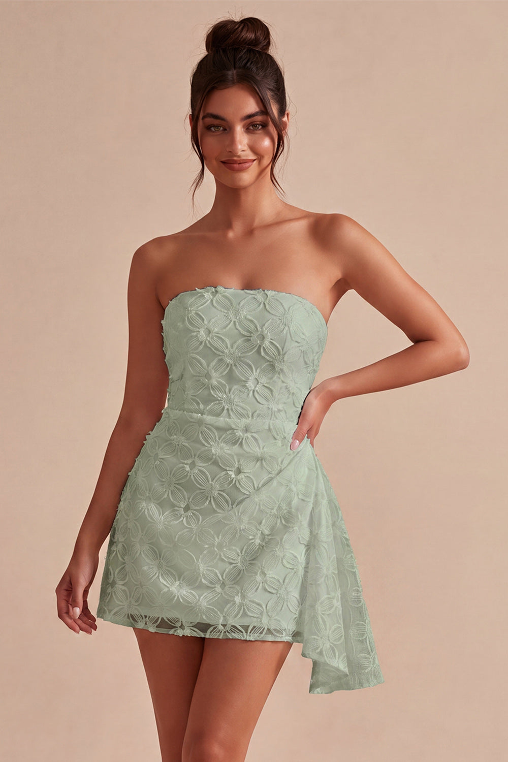 Floral White Ruched Tight Short Graduation Dress with Side Cape