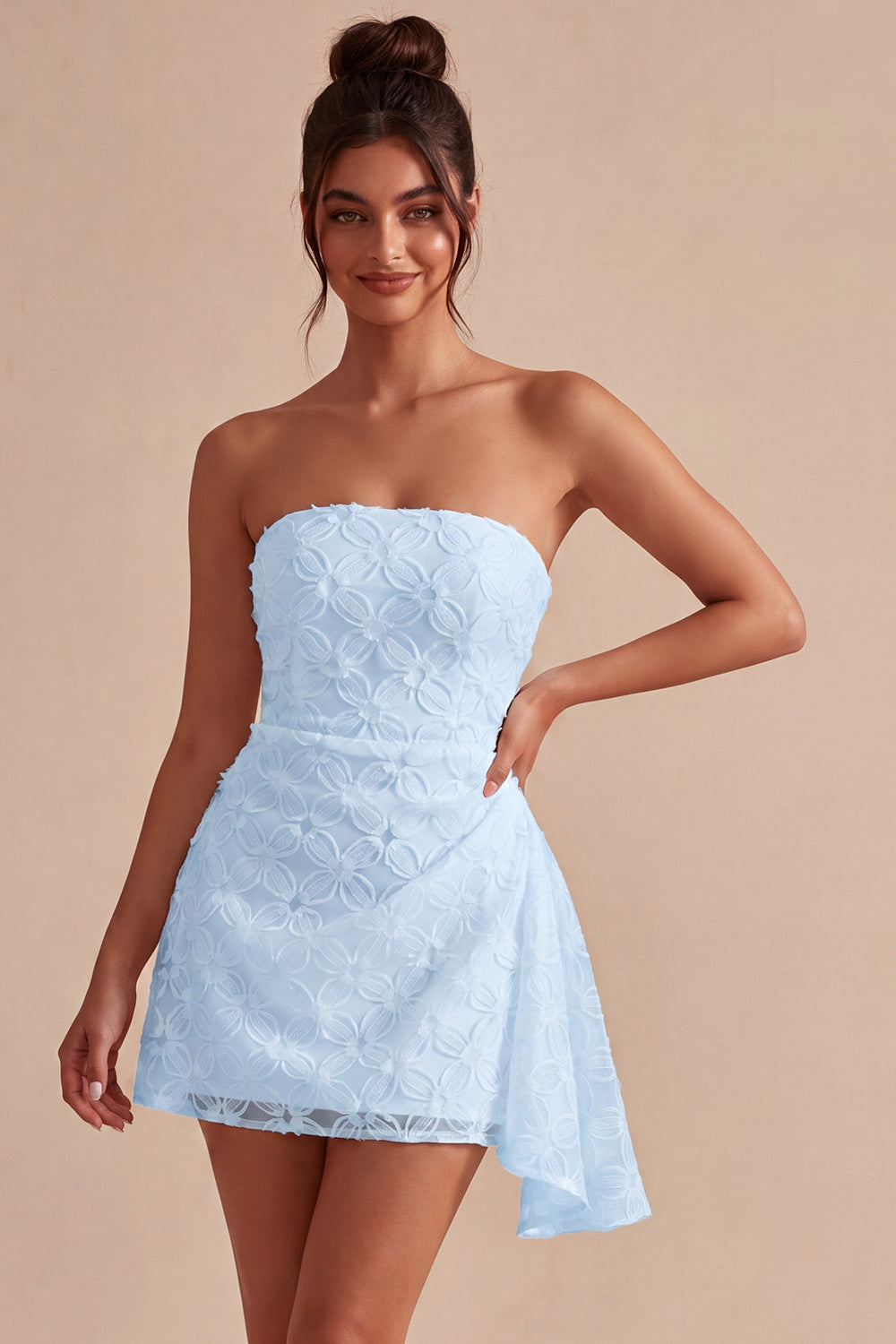 Floral White Ruched Tight Short Graduation Dress with Side Cape