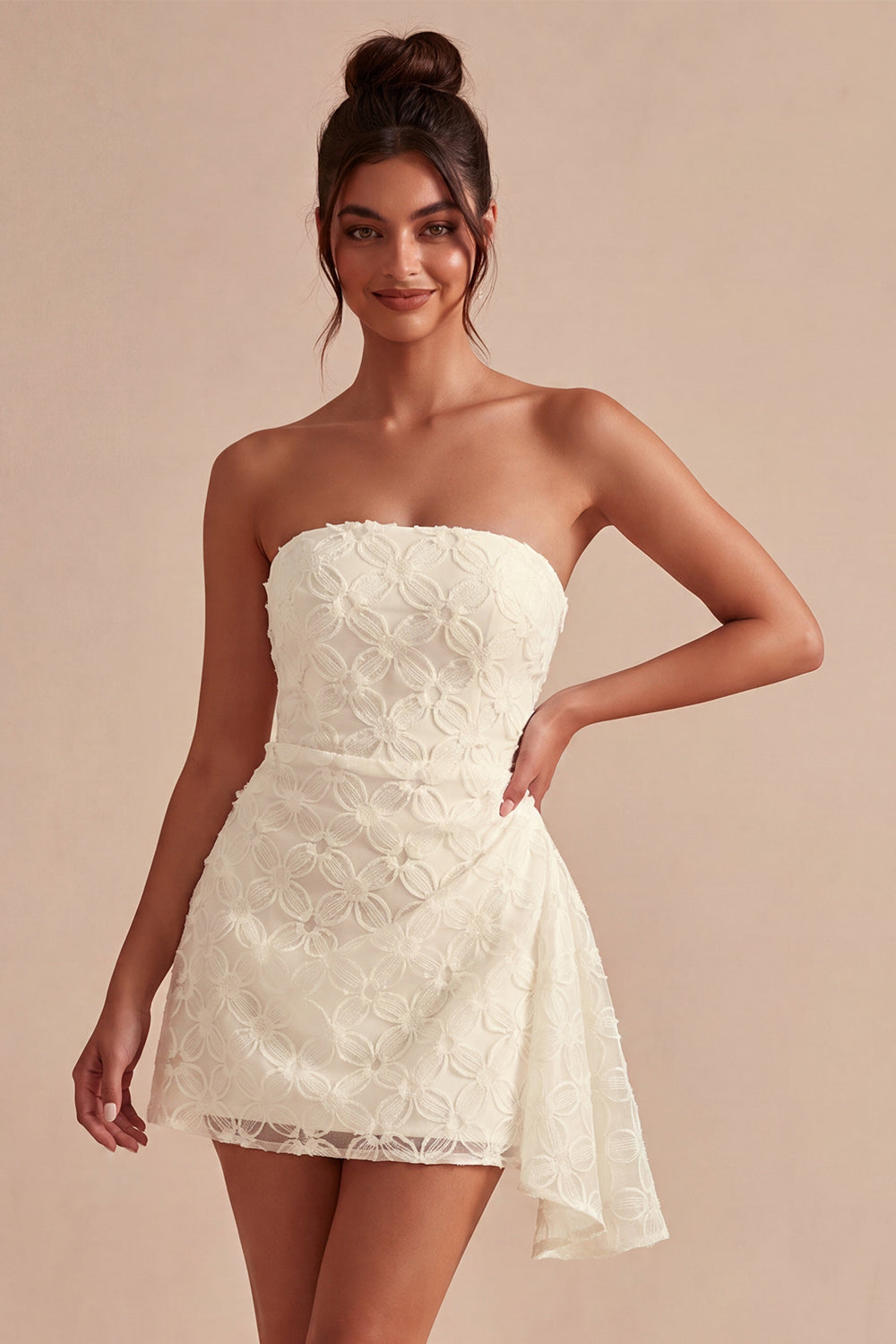 Floral White Ruched Tight Short Graduation Dress with Side Cape