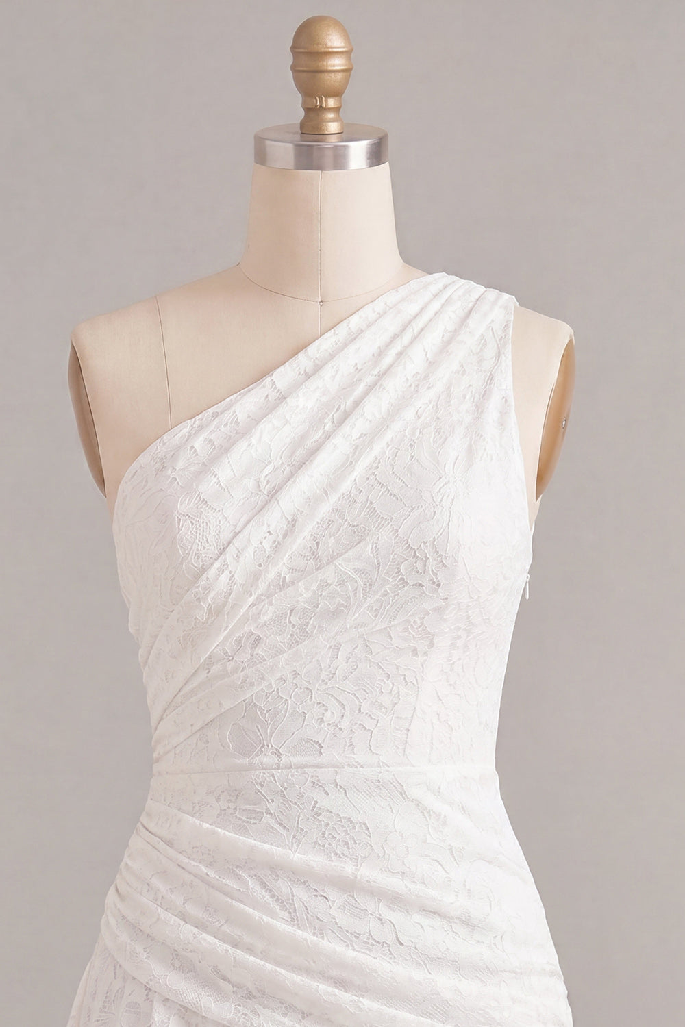 White Lace One Shoulder A-Line Short Ruched Graduation Dress