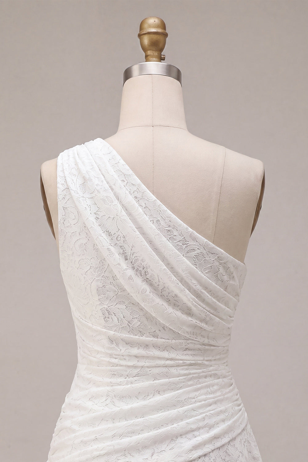 White Lace One Shoulder A-Line Short Ruched Graduation Dress