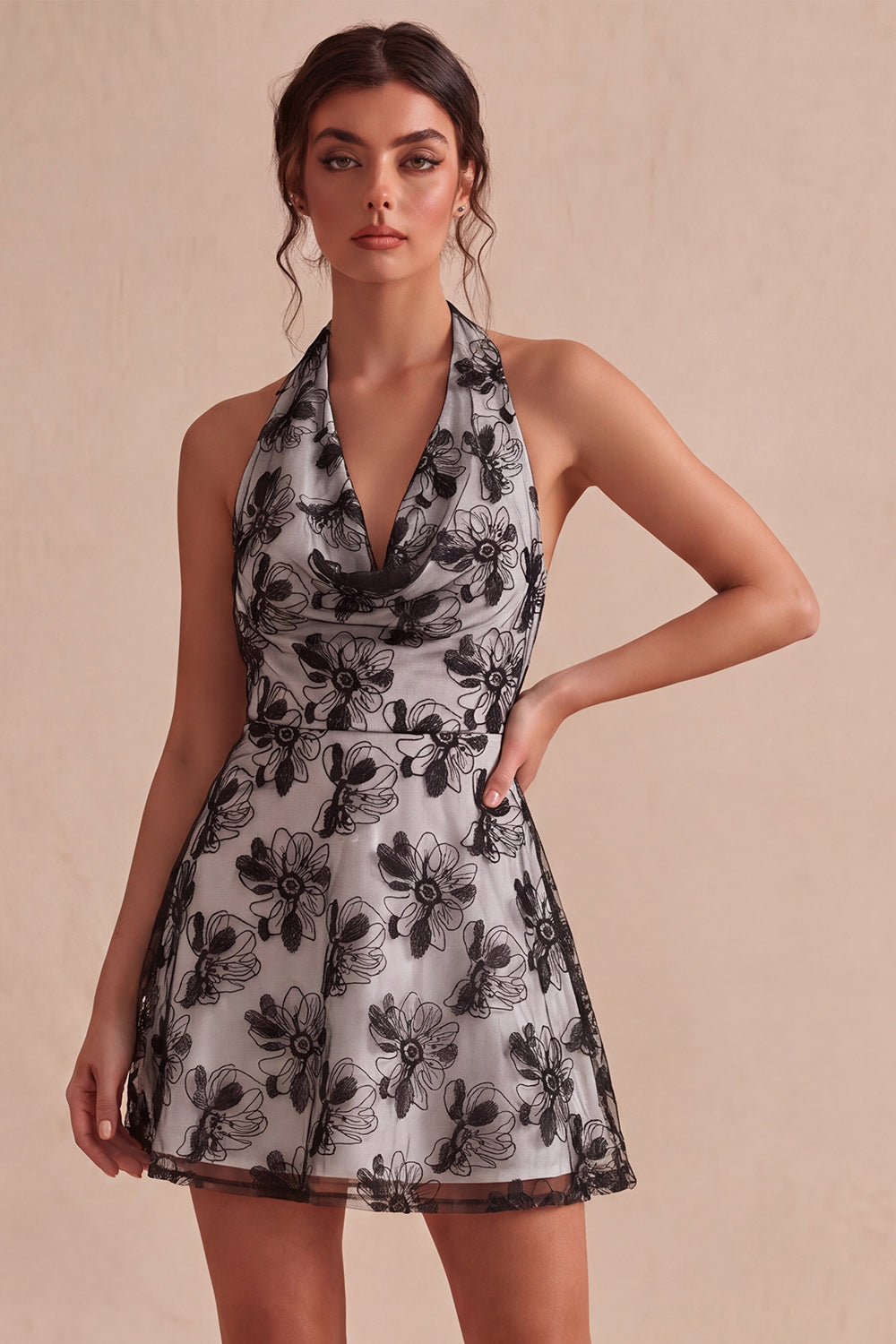 Floral Halter Neck A-Line Short White Graduation Dress