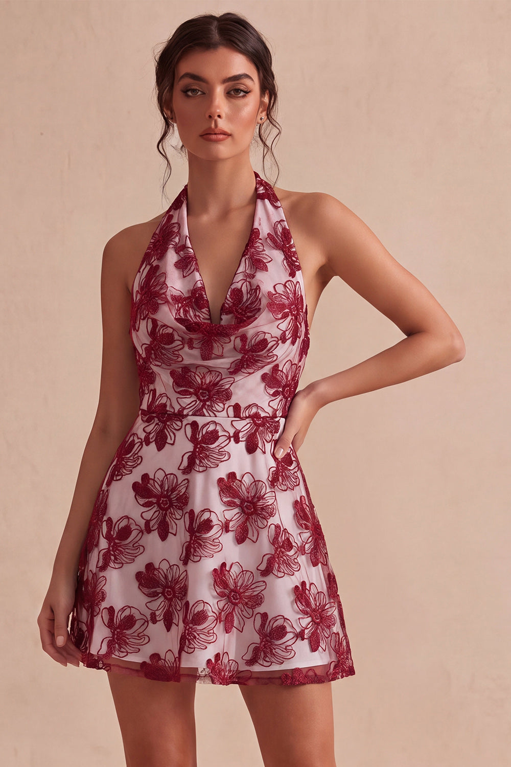 Floral Halter Neck A-Line Short White Graduation Dress