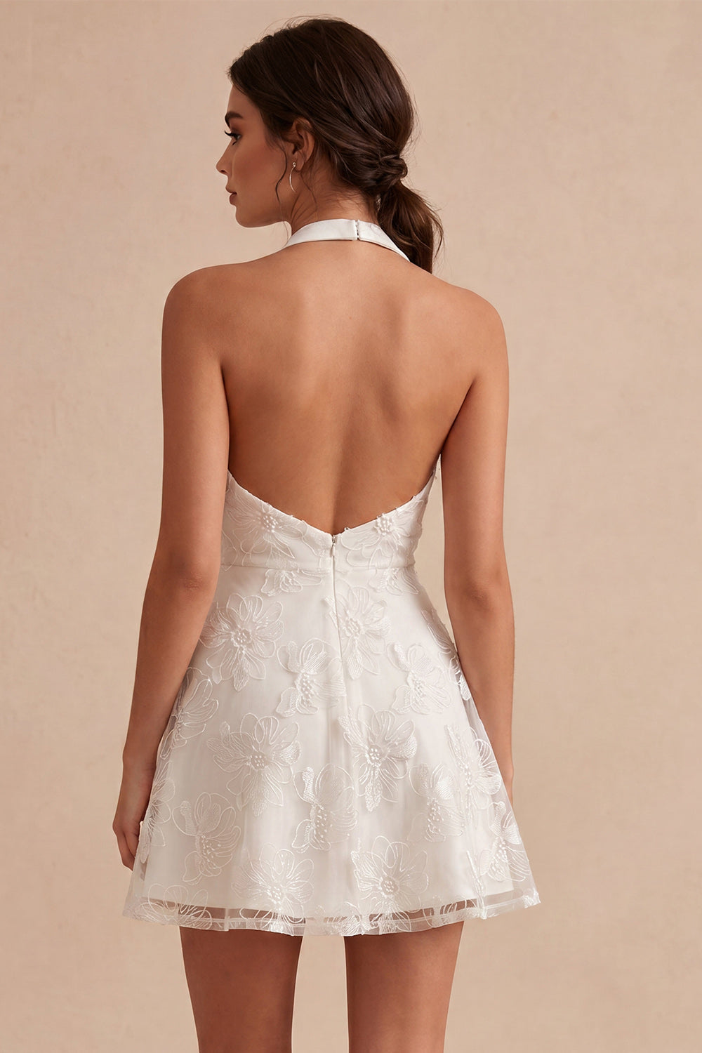 Floral Halter Neck A-Line Short White Graduation Dress