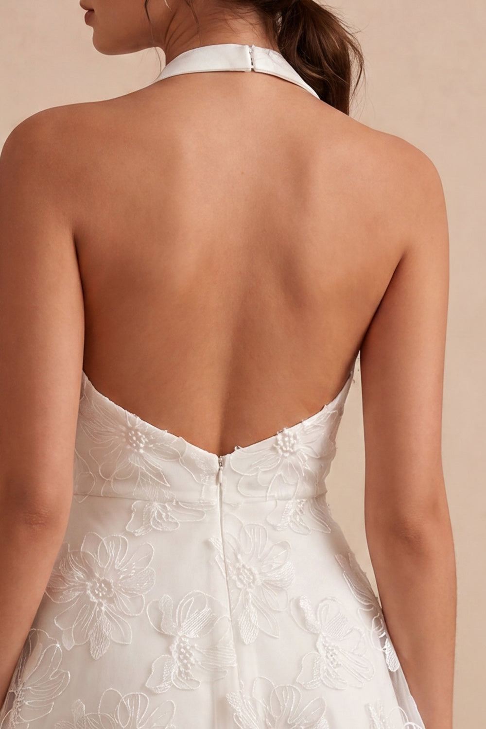 Floral Halter Neck A-Line Short White Graduation Dress