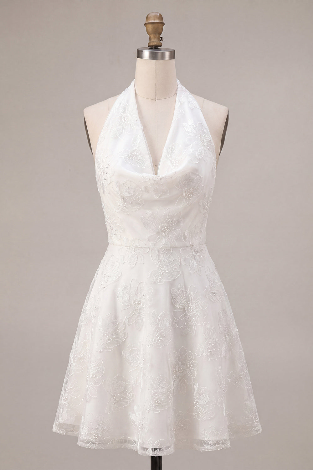 Floral Halter Neck A-Line Short White Graduation Dress