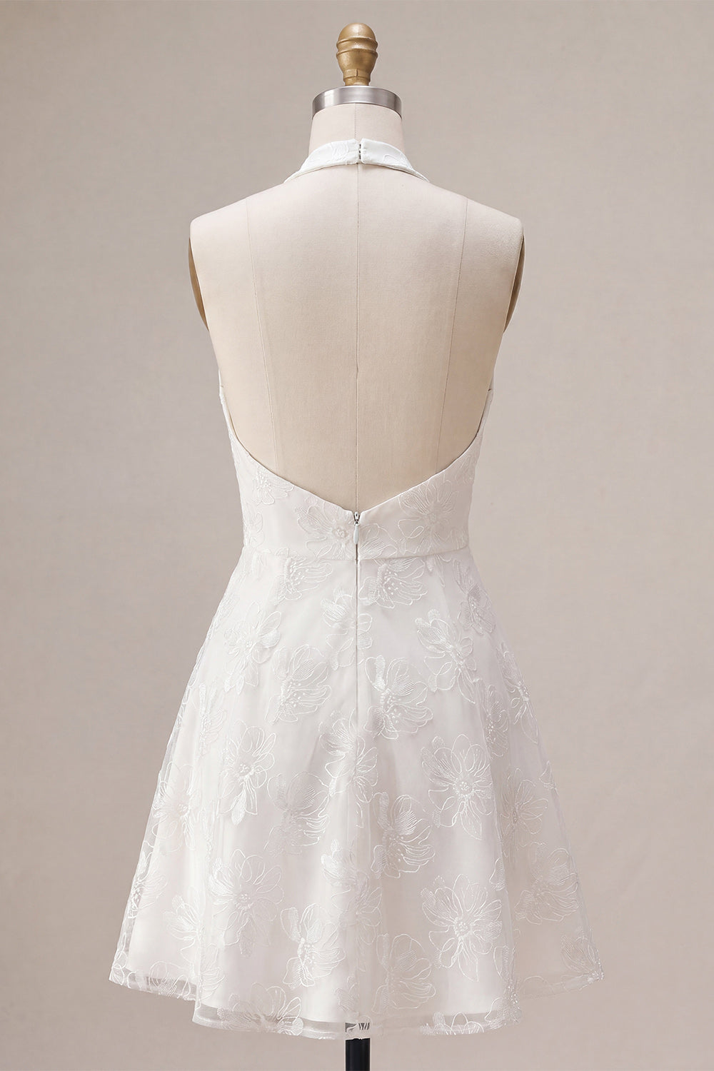 Floral Halter Neck A-Line Short White Graduation Dress