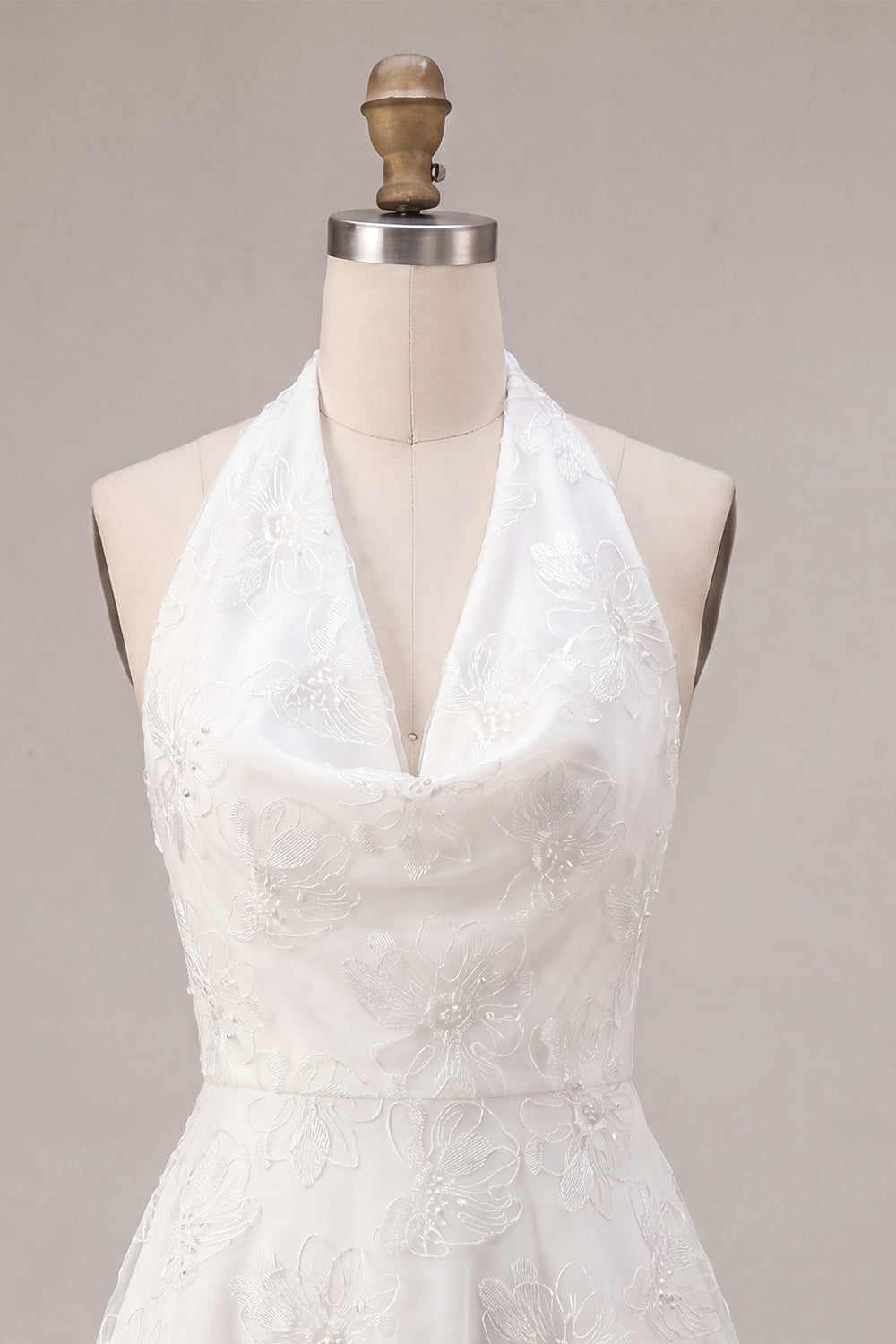 Floral Halter Neck A-Line Short White Graduation Dress