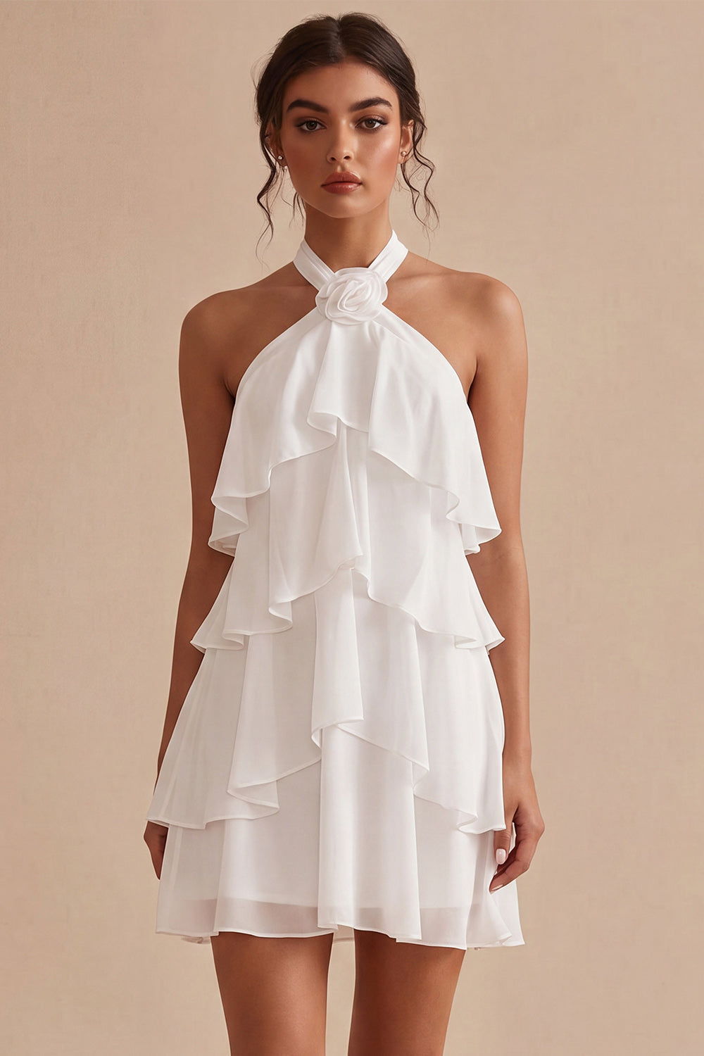 White Tiered A-Line Short Ruffled Graduation Dress with 3D Flower