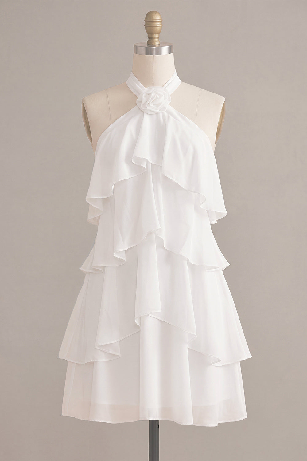 White Tiered A-Line Short Ruffled Graduation Dress with 3D Flower