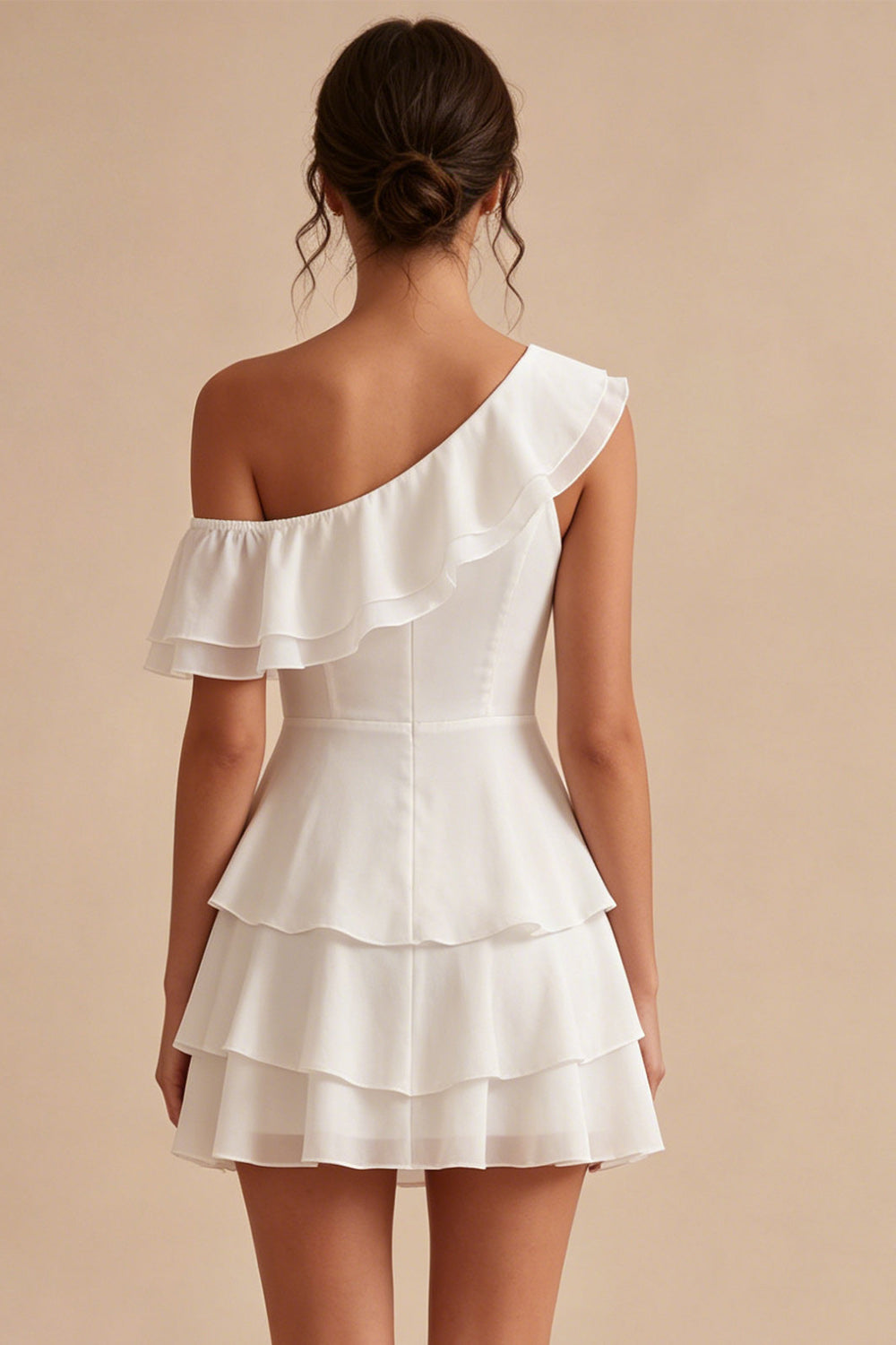 White Tiered A-Line One Shoulder Short Ruffled Graduation Dress