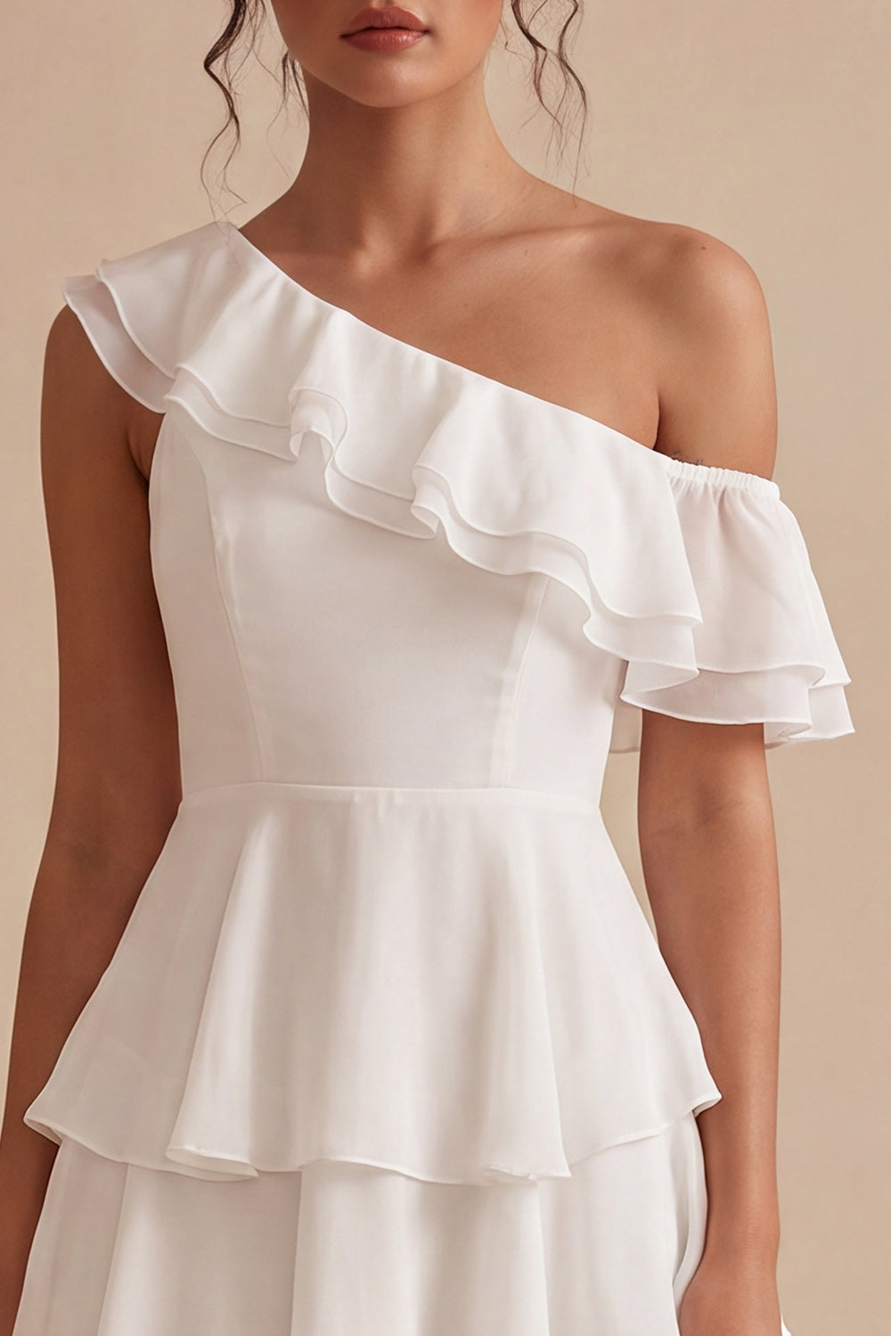 White Tiered A-Line One Shoulder Short Ruffled Graduation Dress