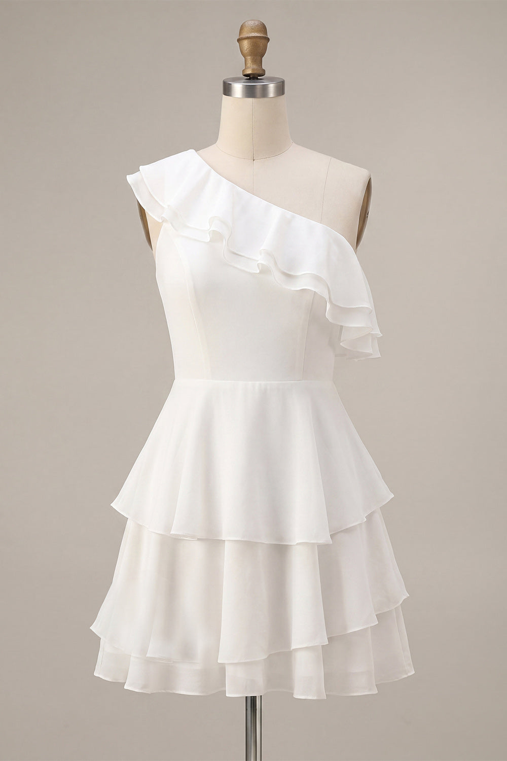 White Tiered A-Line One Shoulder Short Ruffled Graduation Dress