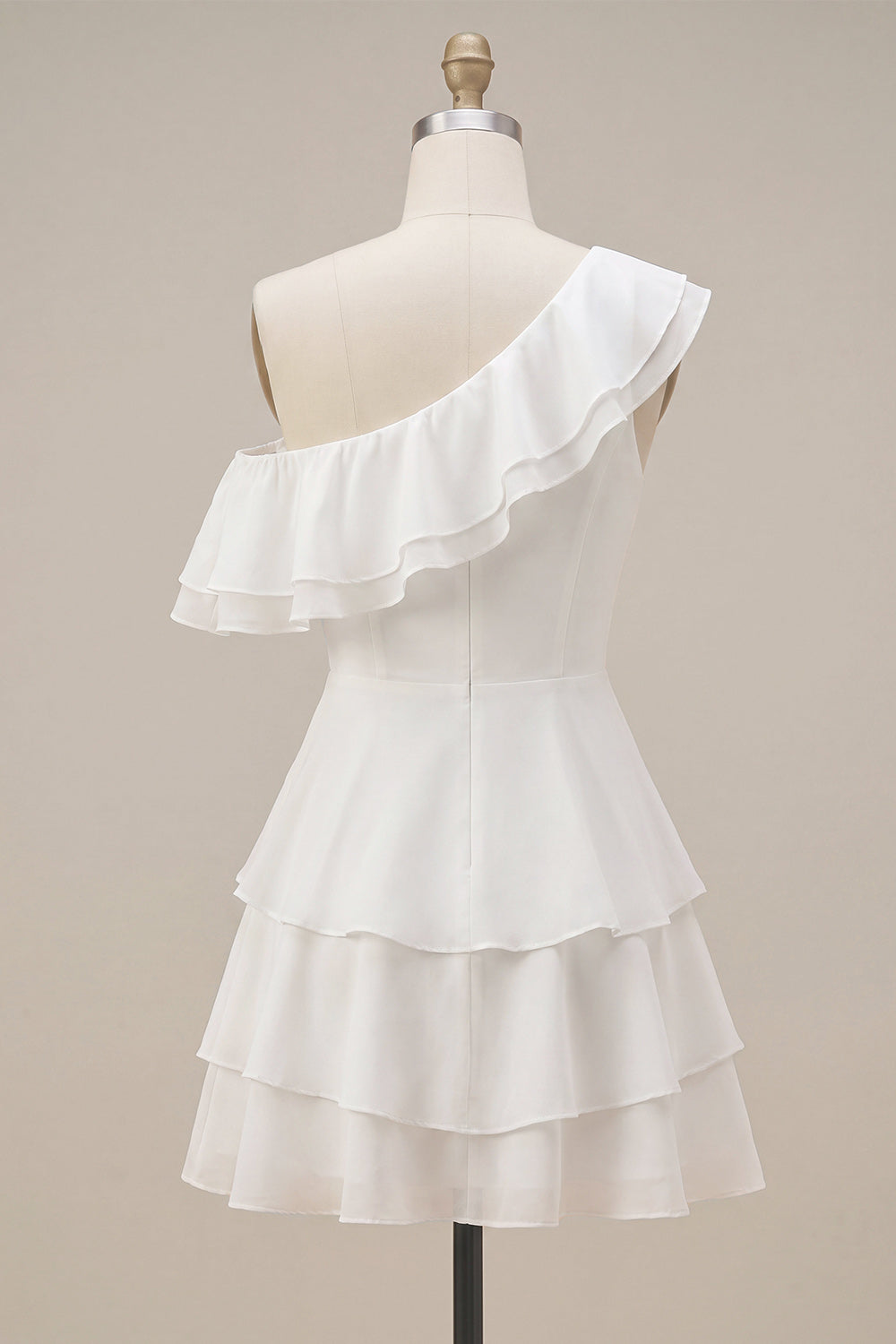 White Tiered A-Line One Shoulder Short Ruffled Graduation Dress