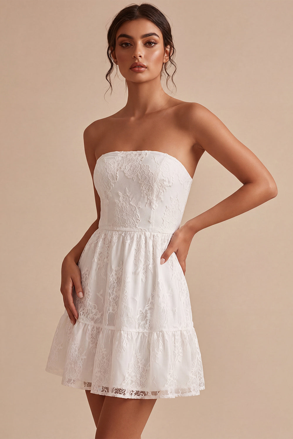 White Strapless A-Line Short Lace Graduation Dress