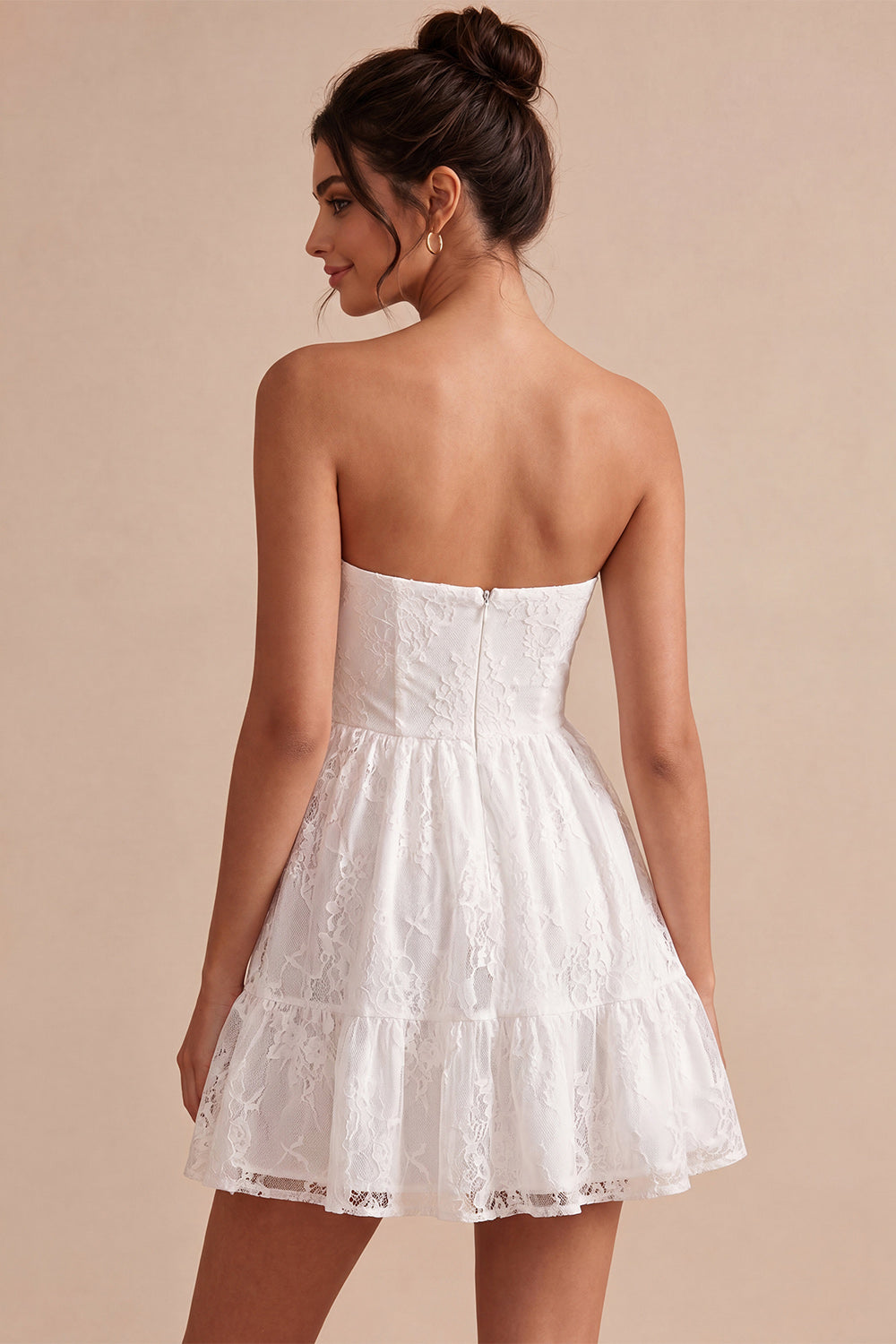 White Strapless A-Line Short Lace Graduation Dress